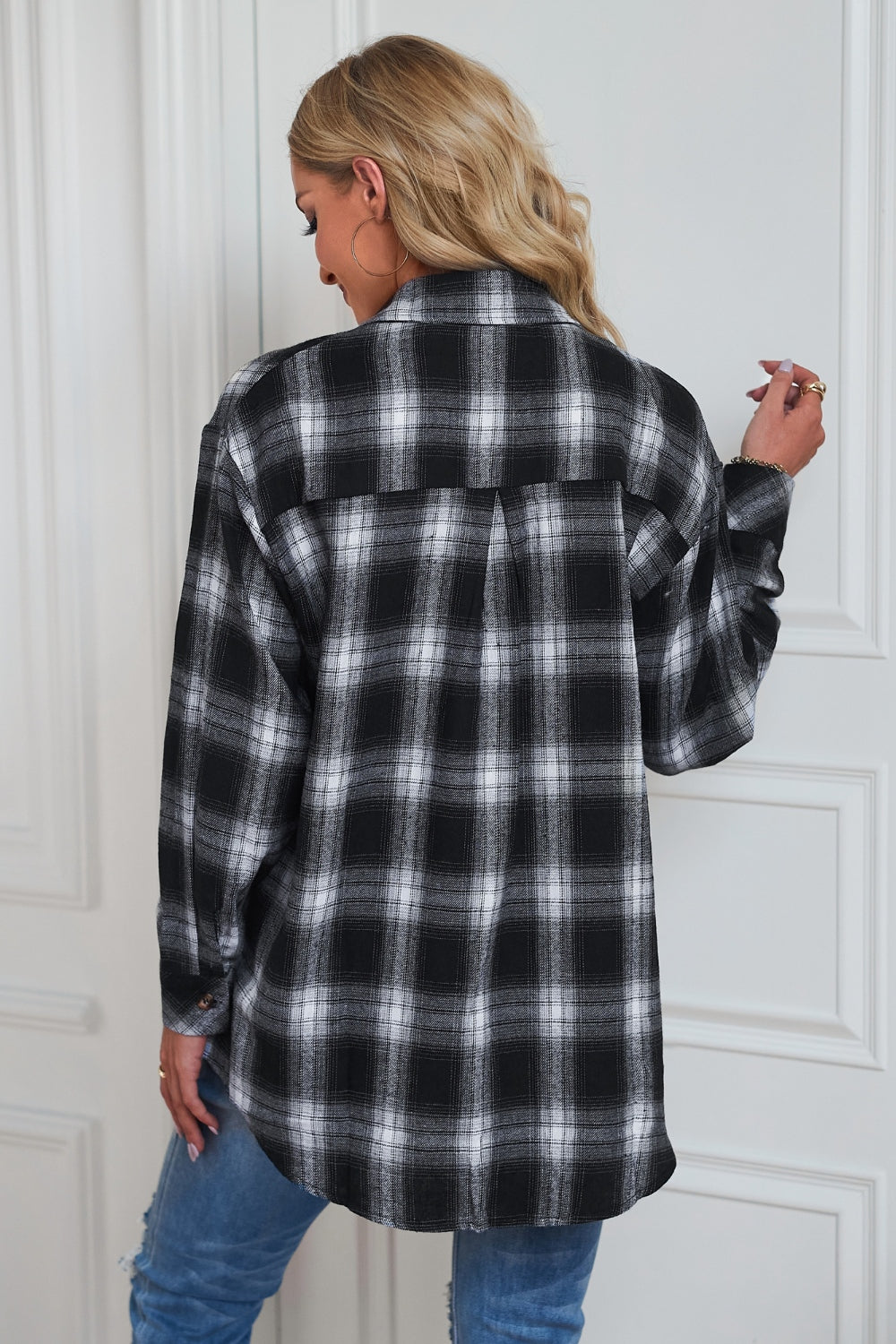 Dreamer Plaid Drop-Shoulder Jacket in Black, a casual buttoned outerwear piece.