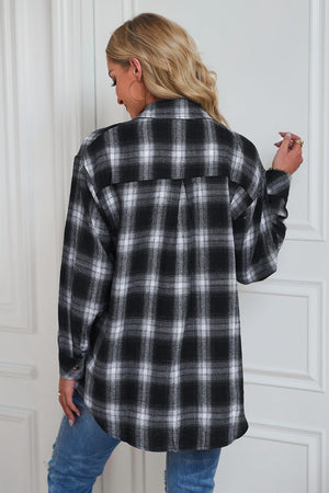 Dreamer Plaid Drop-Shoulder Jacket in Black, a casual buttoned outerwear piece.