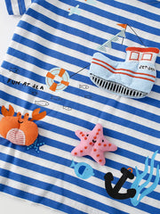 Children's blue and white striped short sleeve tee with nautical applique details.