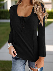 Black ribbed henley scoop neck top with button detail