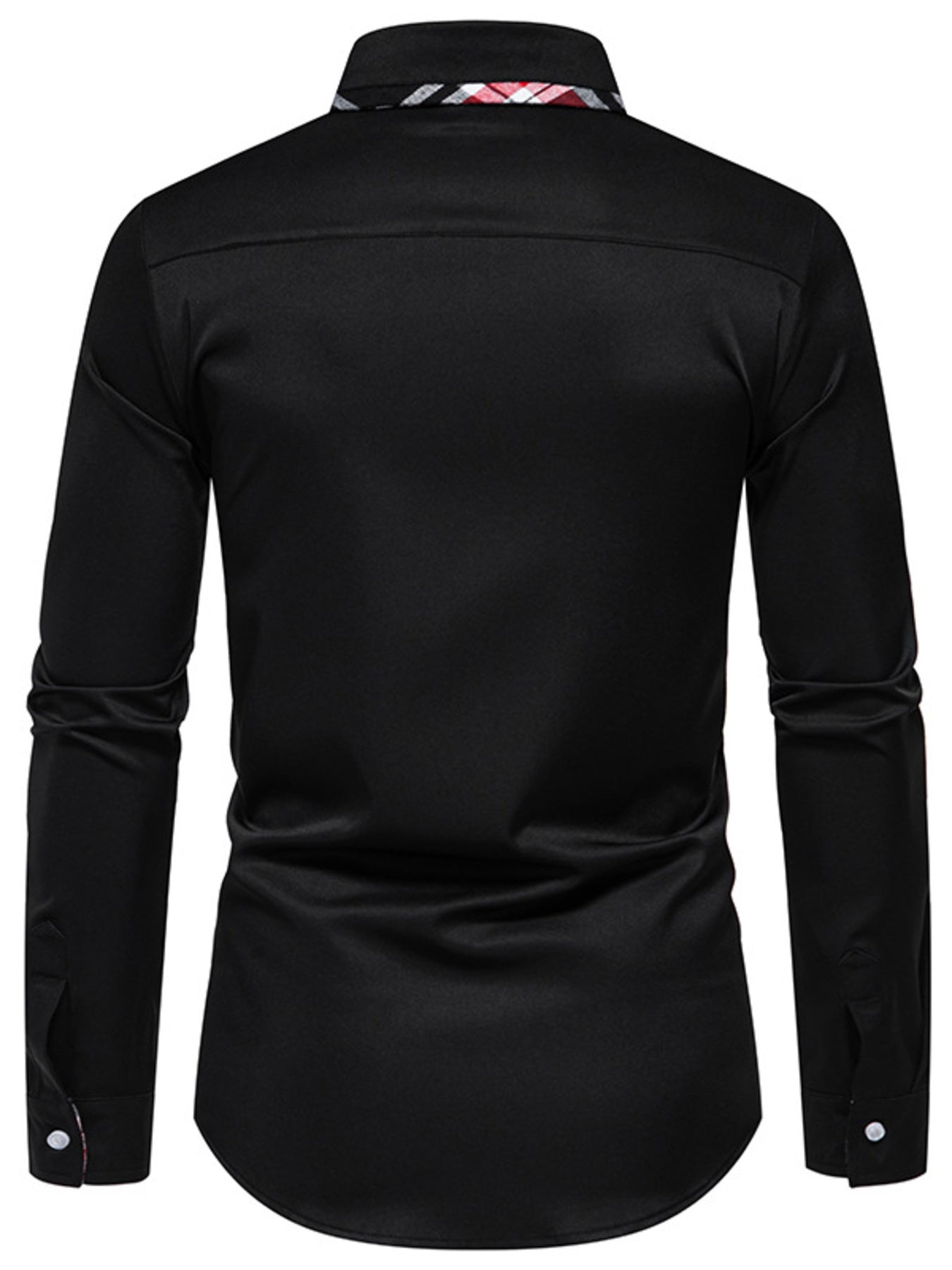 Black cotton slim fit shirt with plaid collar trim and buttoned cuffs.