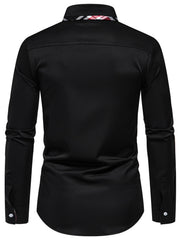 Black cotton slim fit shirt with plaid collar trim and buttoned cuffs.