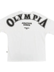 White oversized tee with black Olympia graphic print and text detail on back.