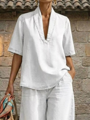 White cotton V-neck top with short sleeves and wide-leg pants set