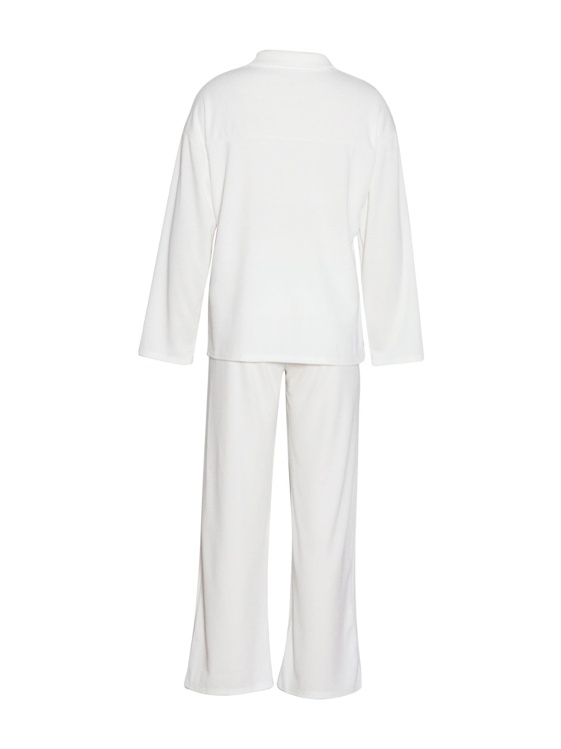 White ribbed knit lounge set with relaxed fit top and wide leg pants