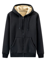 Men's black zip-up hoodie with sherpa lining and front pockets.