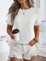 White textured t-shirt with ruffle sleeves and a crew neck.