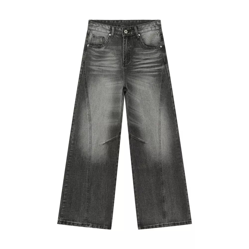 Men's dark wash wide leg jeans with a faded effect and panel detailing.