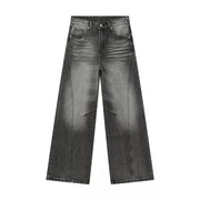 Men's dark wash wide leg jeans with a faded effect and panel detailing.
