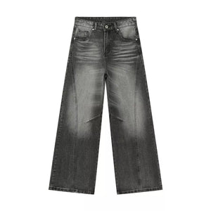 Men's dark wash wide leg jeans with a faded effect and panel detailing.