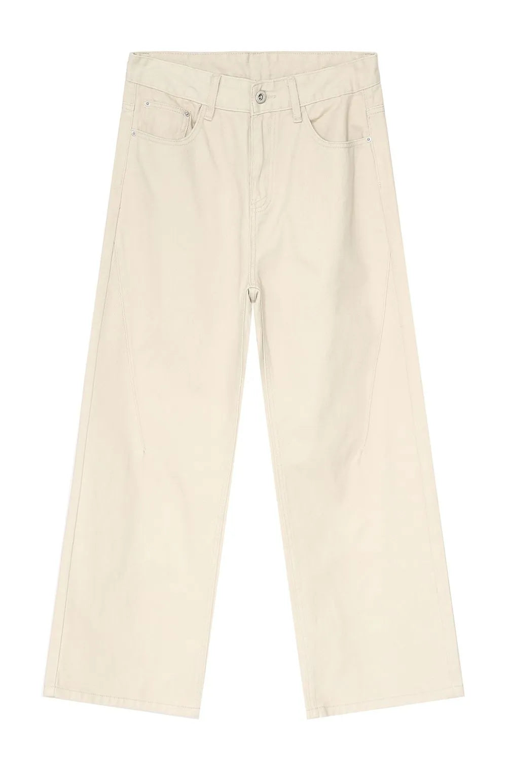 Wide-leg cream denim jeans with angular seams and a casual fit.