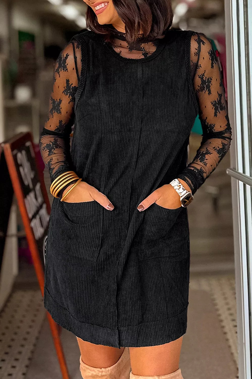 Corduroy Patch Pocket Sleeveless Mini Dress, front view