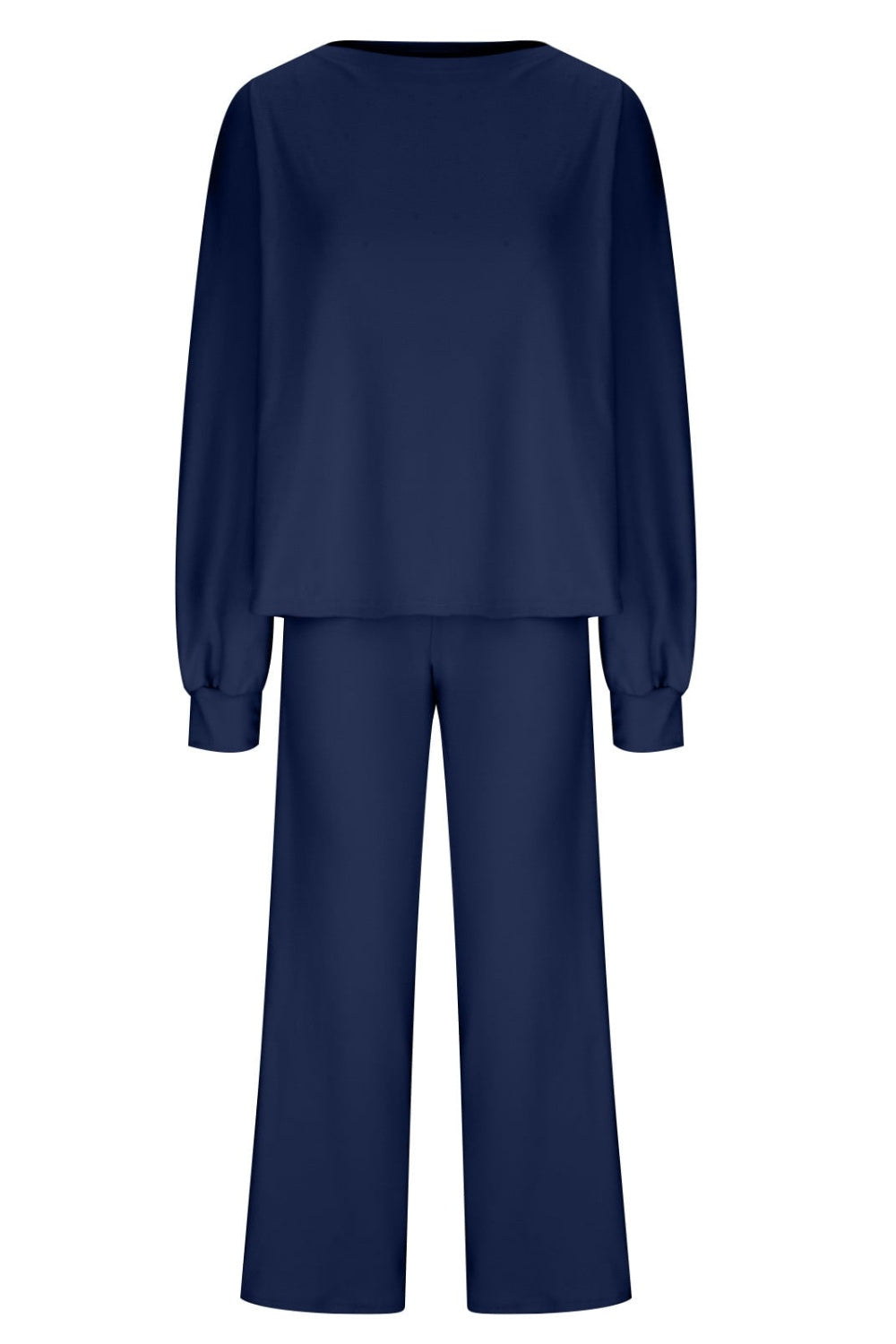 Dark Navy loungewear set with crew neck, balloon sleeves, and wide-leg pants.
