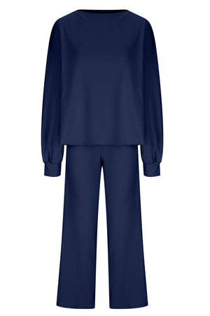 Dark Navy loungewear set with crew neck, balloon sleeves, and wide-leg pants.