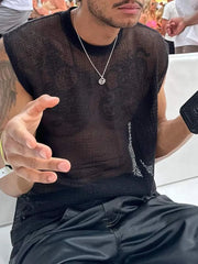 Black open-knit sleeveless mesh tank top with crew neck
