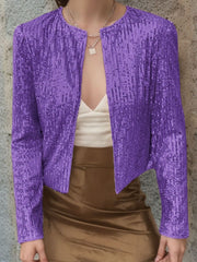 Purple sequin bolero jacket with a round neckline and long sleeves.