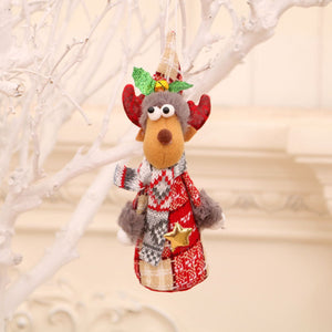Plush reindeer ornament with red, white, and gray plaid pattern, scarf, and hat.