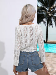 White crochet tie-front cover-up top with bell sleeves and open knit detail