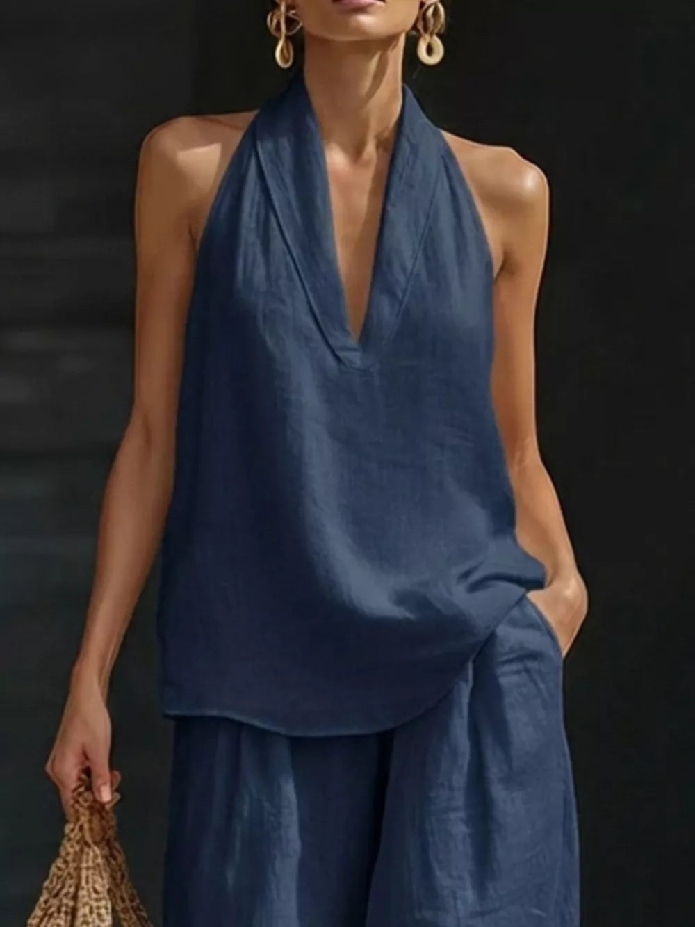 Dark blue halter neck top with flowing wide-leg pants set, V-neck, sleeveless, casual breezy outfit