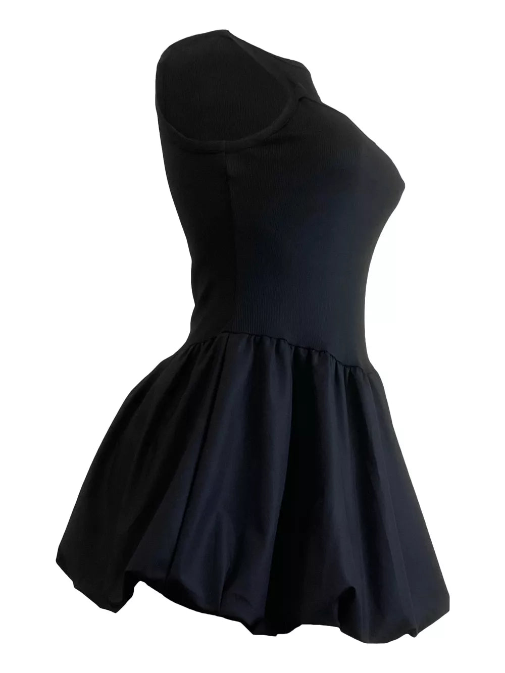 Black mini dress with cutout detail and bubble hem