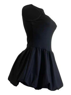 Black mini dress with cutout detail and bubble hem