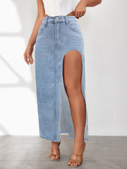 Light blue denim maxi skirt with a high slit and button-fly closure.