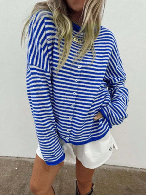 Striped Knit Button Up Cardigan in Khaki, alternate angle