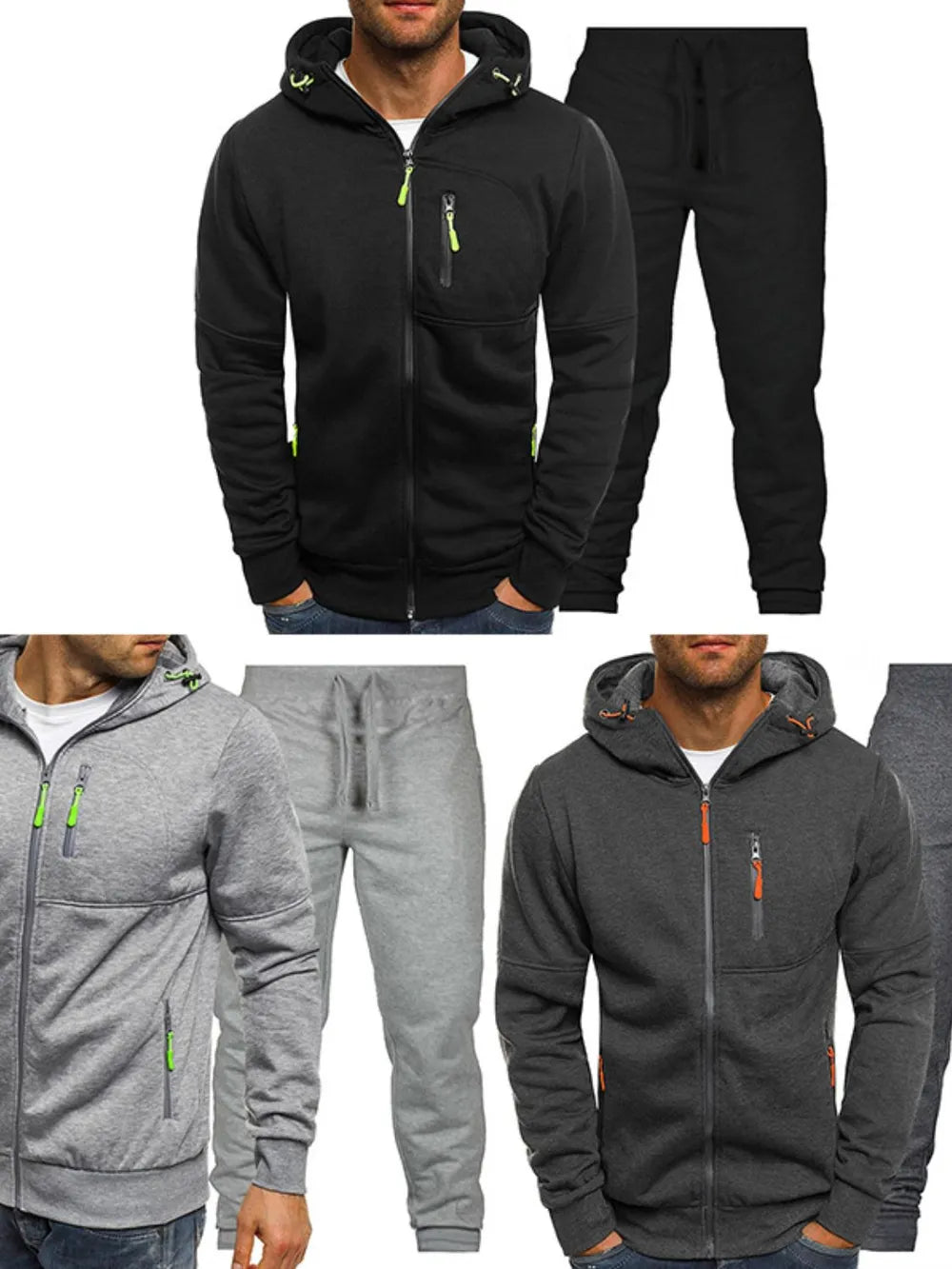 Tech-inspired zip-up tracksuit set with neon green zipper accents in black, gray, and dark gray.