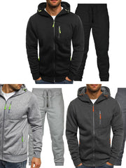 Tech-inspired zip-up tracksuit set with neon green zipper accents in black, gray, and dark gray.