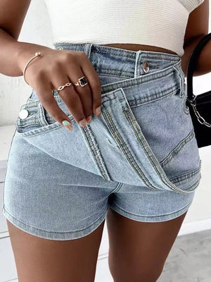Asymmetrical Wrap Denim Shorts in Blue, alternate angle