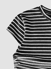 Black and white striped crop top with crew neck and short sleeves.
