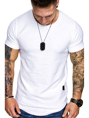Men's white slim fit round neck t-shirt with textured fabric and short sleeves.