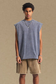 Raw edge muscle tank top in gray with a relaxed fit and crew neck.