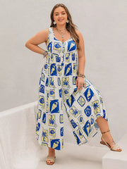 Plus-size relaxed jumpsuit with nautical print, button front, wide legs, and scoop neck.