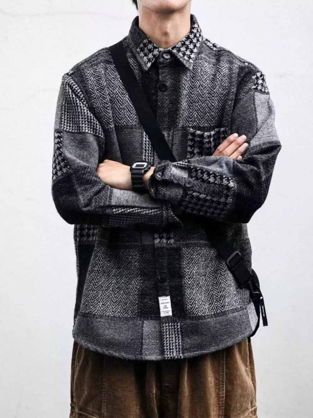 Men's Plus Size Plaid Patchwork Button Up Shacket in Blue, close-up detail