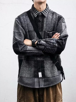 Men's Plus Size Plaid Patchwork Button Up Shacket in Blue, close-up detail