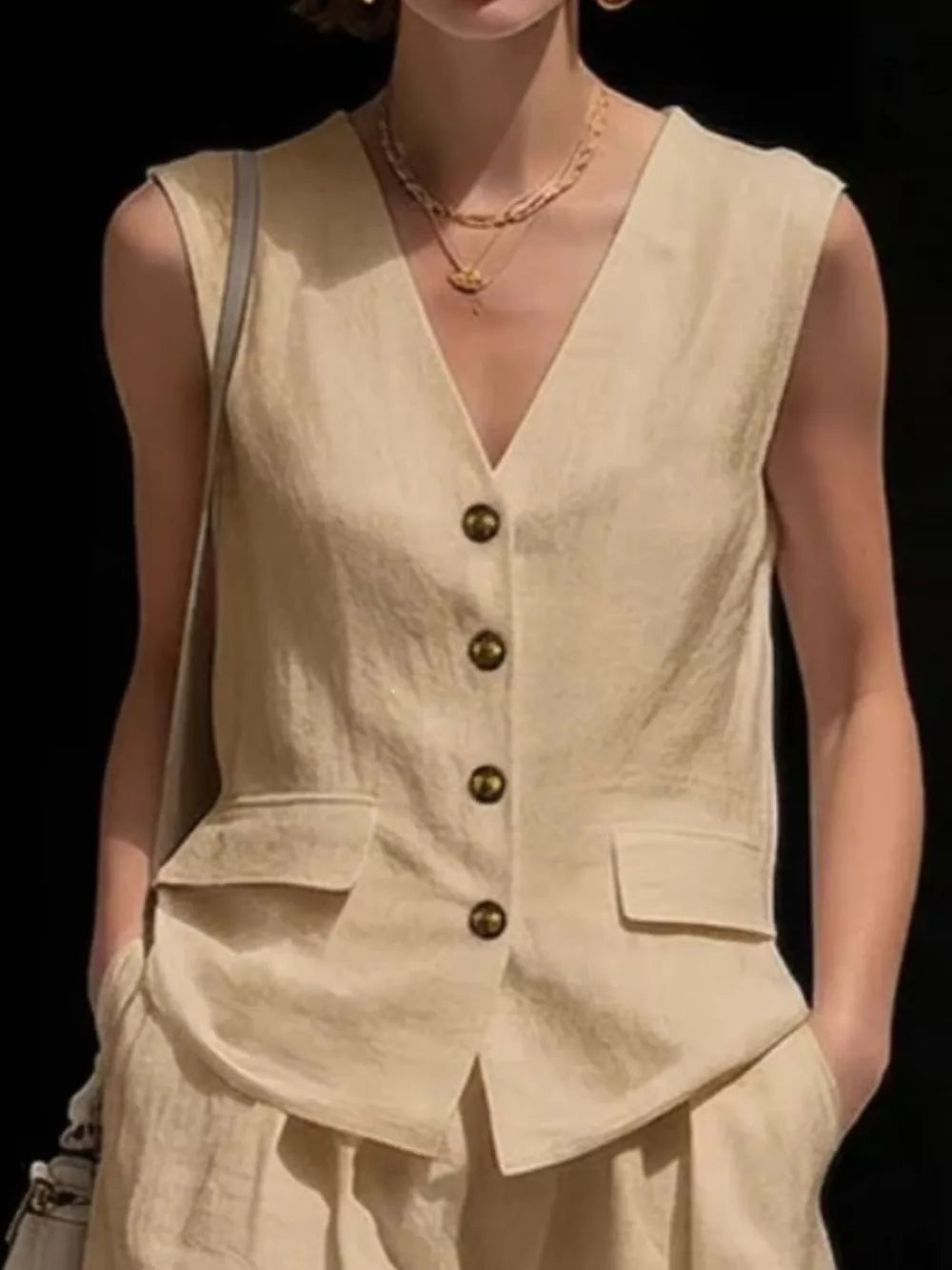 Full Size Sleeveless Vest And Shorts Set Plus Size, fabric detail