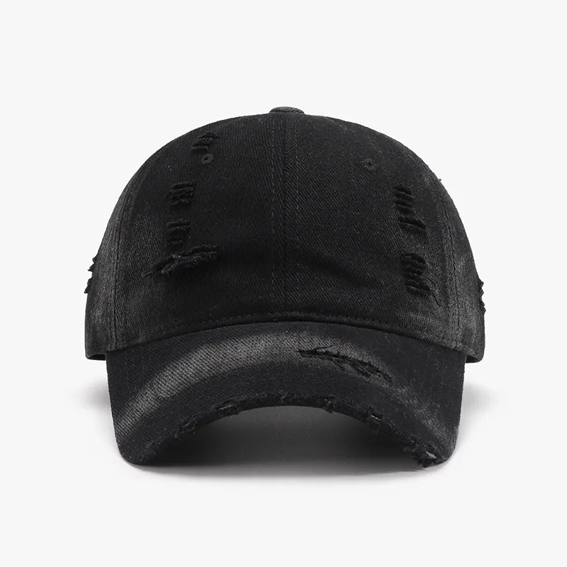 Black shredded canvas baseball cap with distressed details