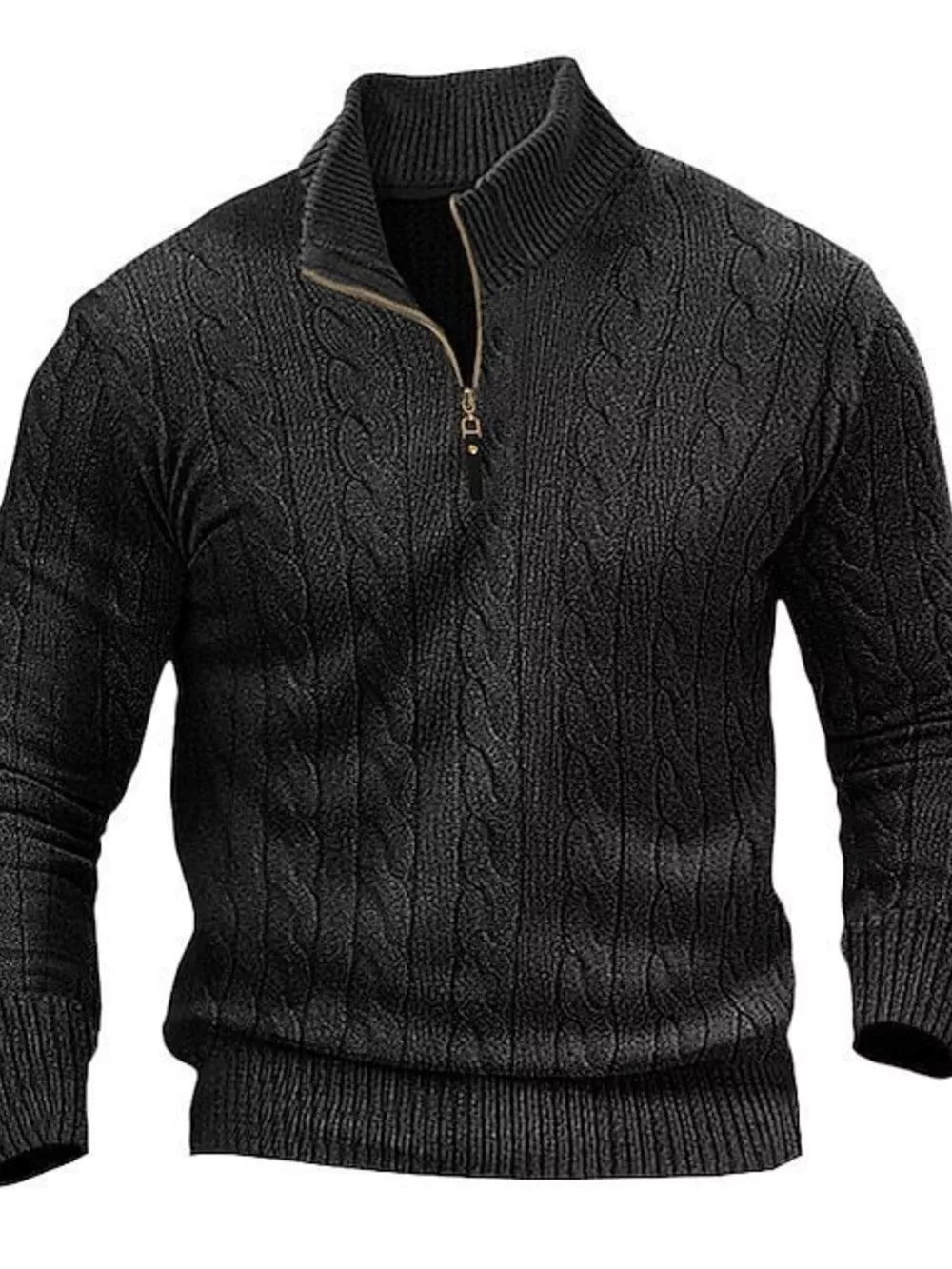 Men's Cable Knit Half-zip Sweater Plus Size in Black, fit detail