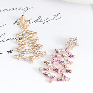 Festive crystal tree dangle earrings in light green and lilac with gold alloy details.