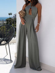 Halter Neck Cut-out Wide-leg Jumpsuit in Sage, editorial view