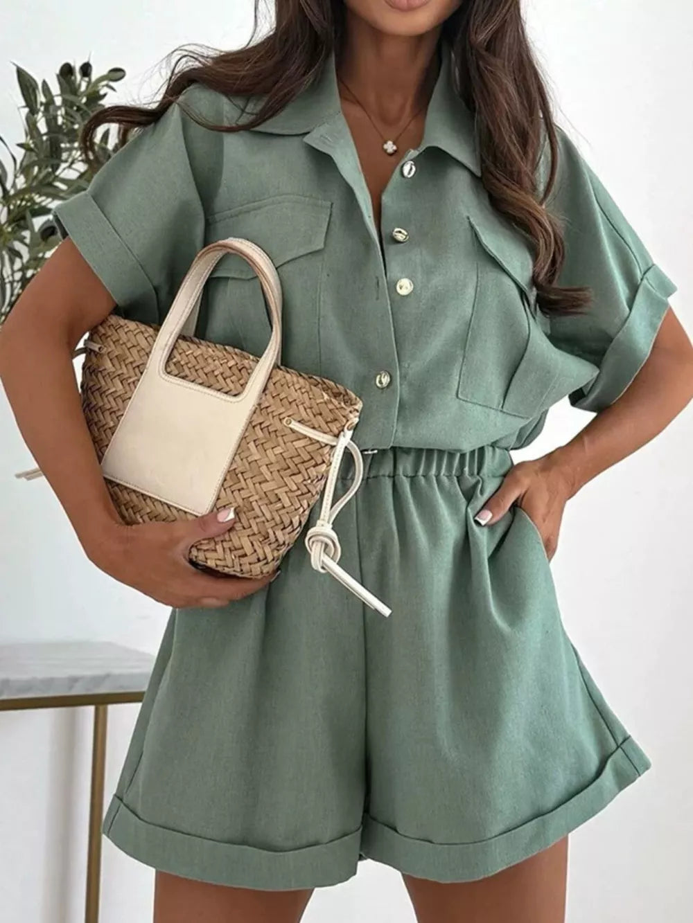 Button Front Short Sleeve Shirt And Shorts Set in Gum Leaf, alternate angle