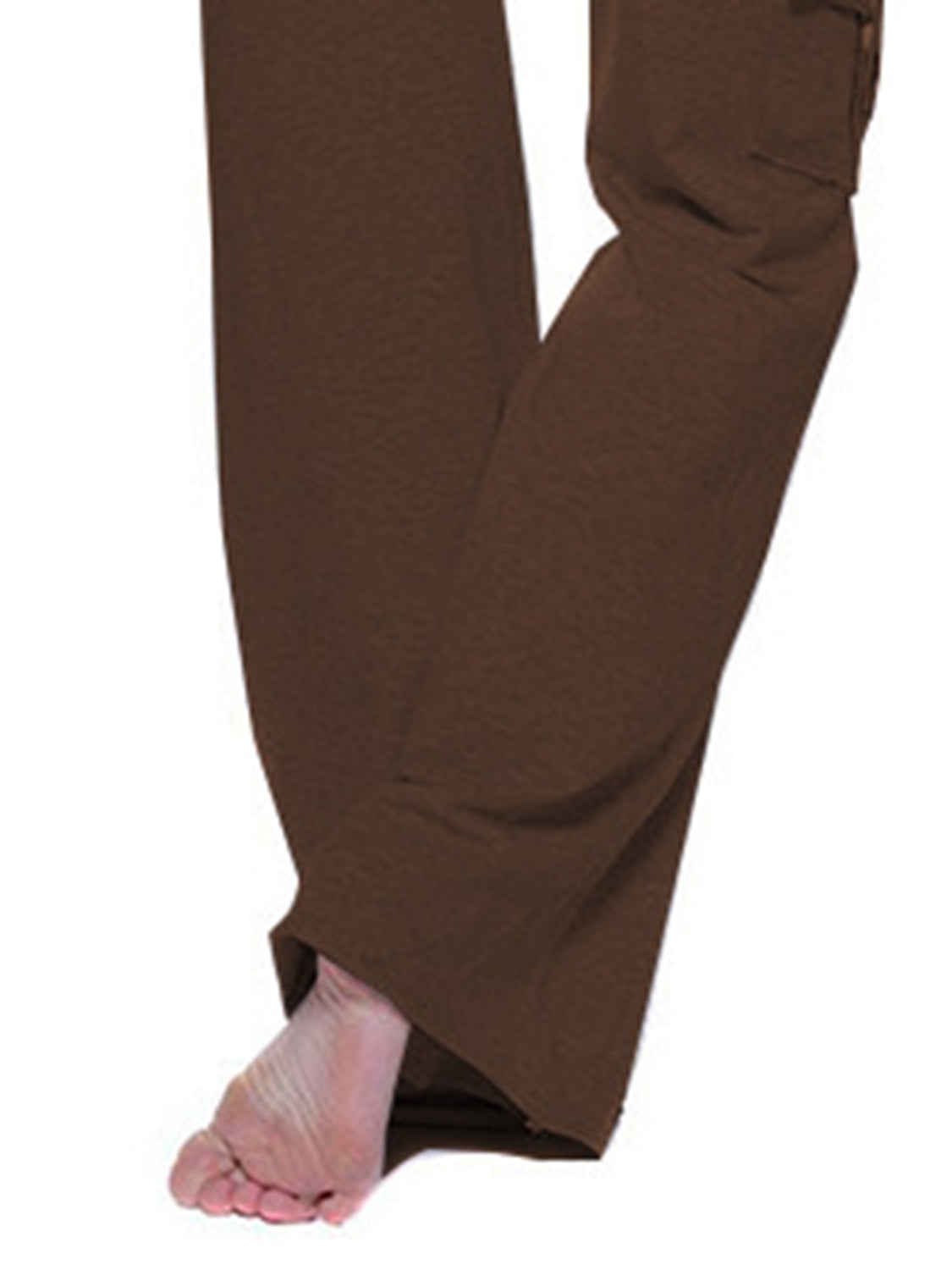 Cargo-inspired wide-leg drawstring trousers in coffee brown with a visible cargo pocket detail.