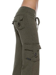 Army green cargo-inspired wide-leg drawstring trousers with button flap pockets and a drawstring waist.