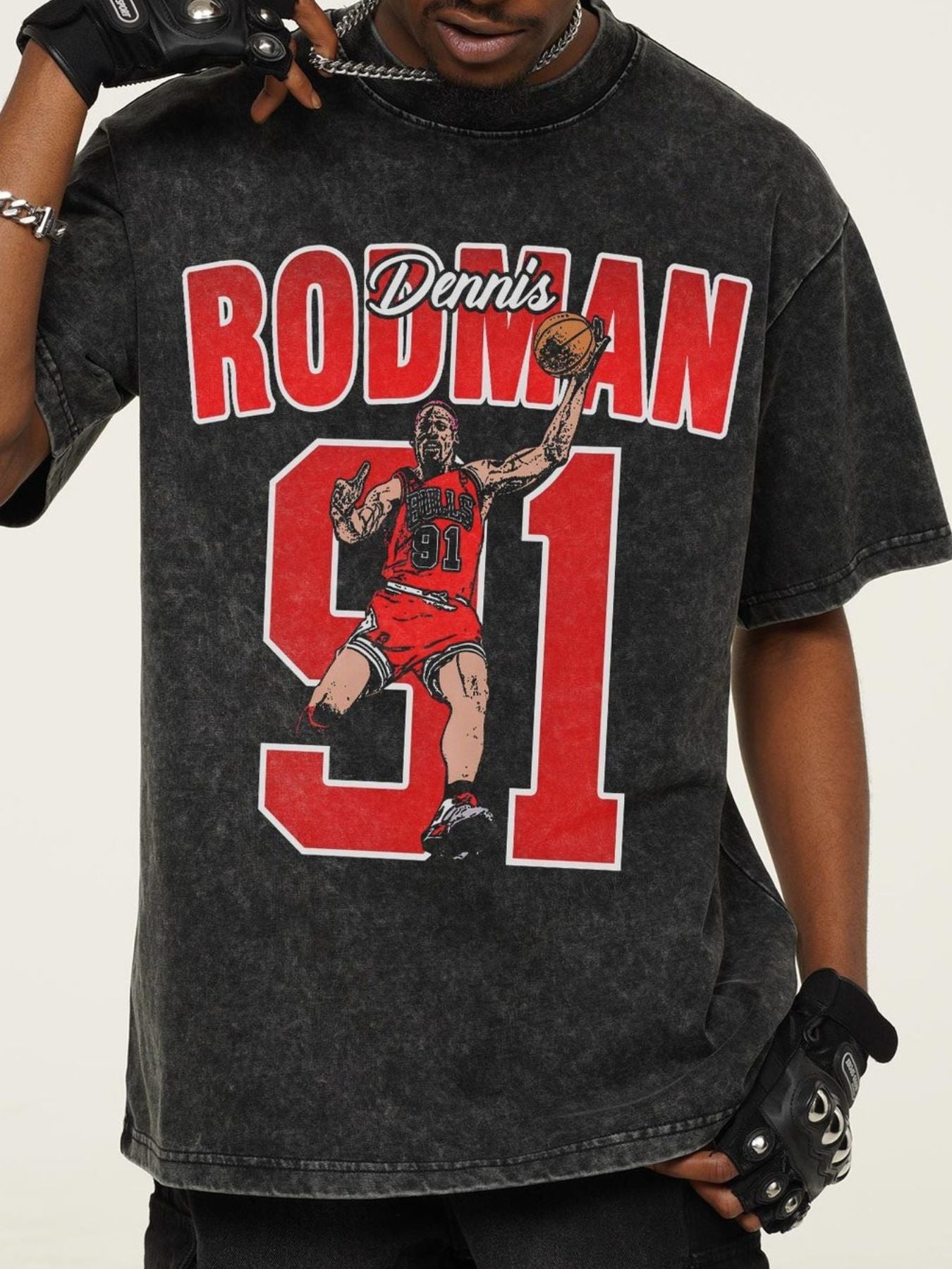 Men's dark gray graphic t-shirt with Dennis Rodman and number 91 print