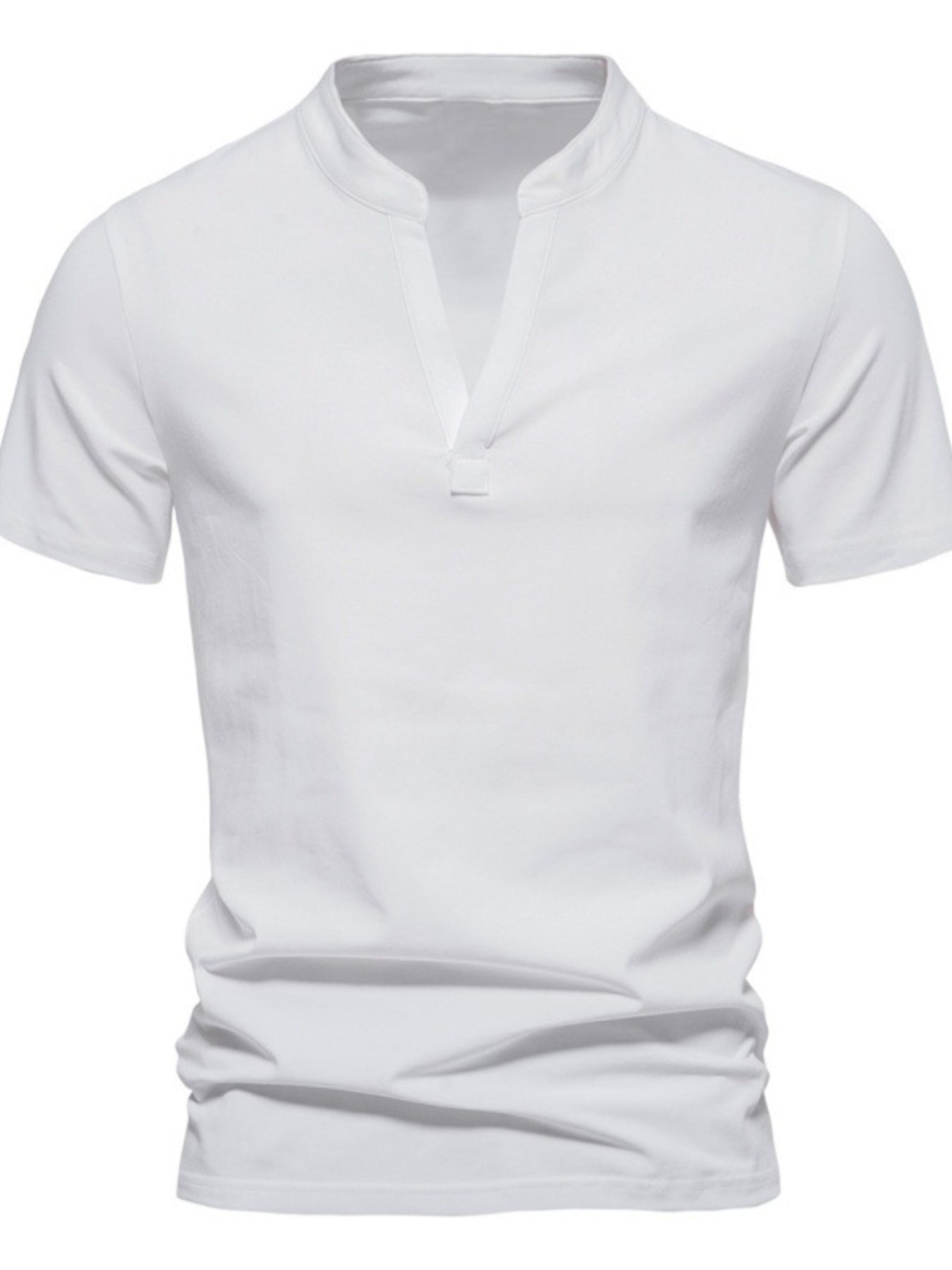 Men's white cotton short sleeve t-shirt with V-neck and collar detail