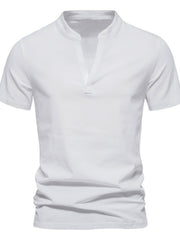 Men's white cotton short sleeve t-shirt with V-neck and collar detail