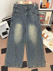 Men's wide-leg jeans in vintage wash denim with a relaxed fit and faded details.