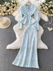 Light blue lace peplum top and maxi skirt set with pearl button details.