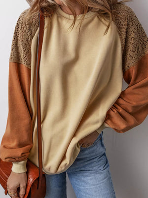 Lace Patchwork Colorblock Sweatshirt in Tan, model styling view